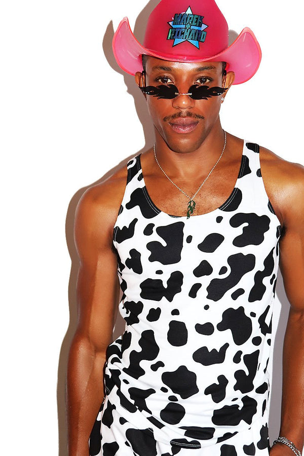 Cow Print Racerback Tank in White, view 2