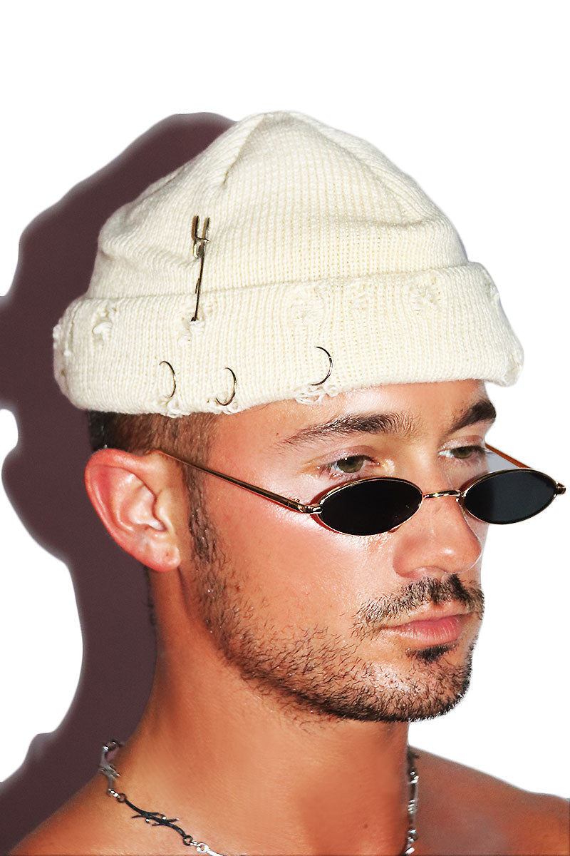 Destoyed Skull Cap Beanie- Cream