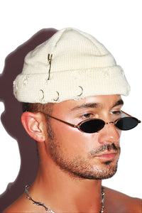 Destoyed Skull Cap Beanie- Cream