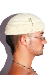 Destoyed Skull Cap Beanie- Cream