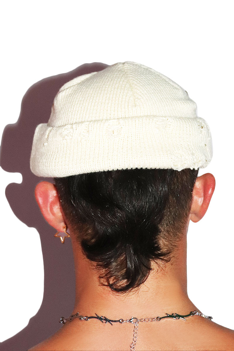 Destoyed Skull Cap Beanie- Cream