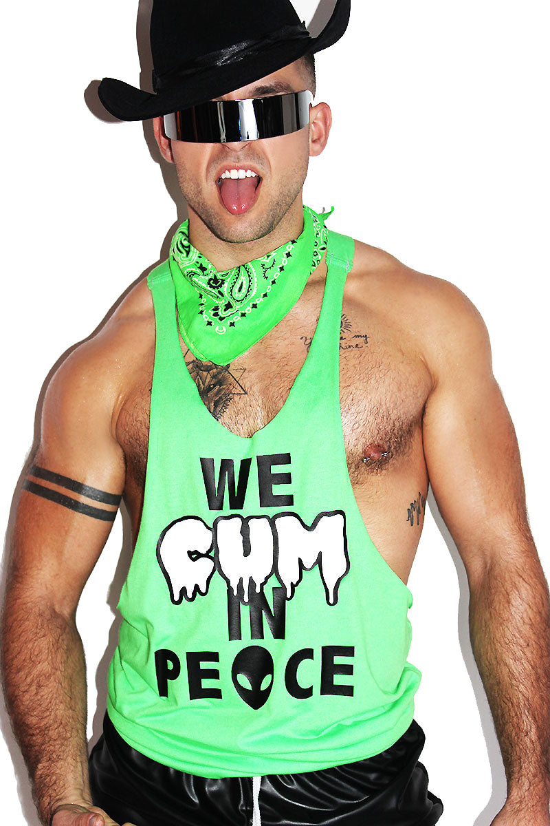 We Cum in Peace String Tank-Neon Green