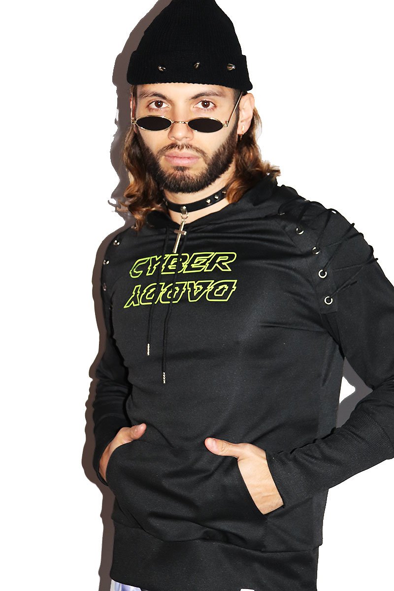 Cyber Daddy Long Sleeve Laceup Sleeve Hoodie- Black