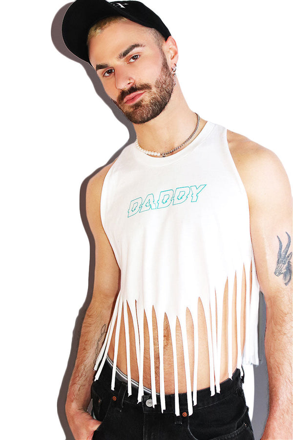 Daddy Fringe Halter Valley Crop Tank in White
