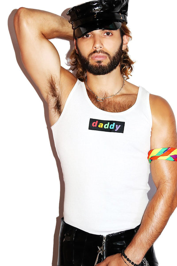 Daddy Rainbow Rib Knit Tank in White