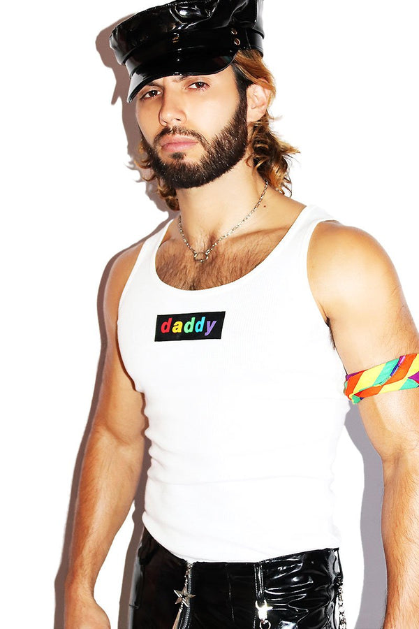 Daddy Rainbow Rib Knit Tank in White, view 2