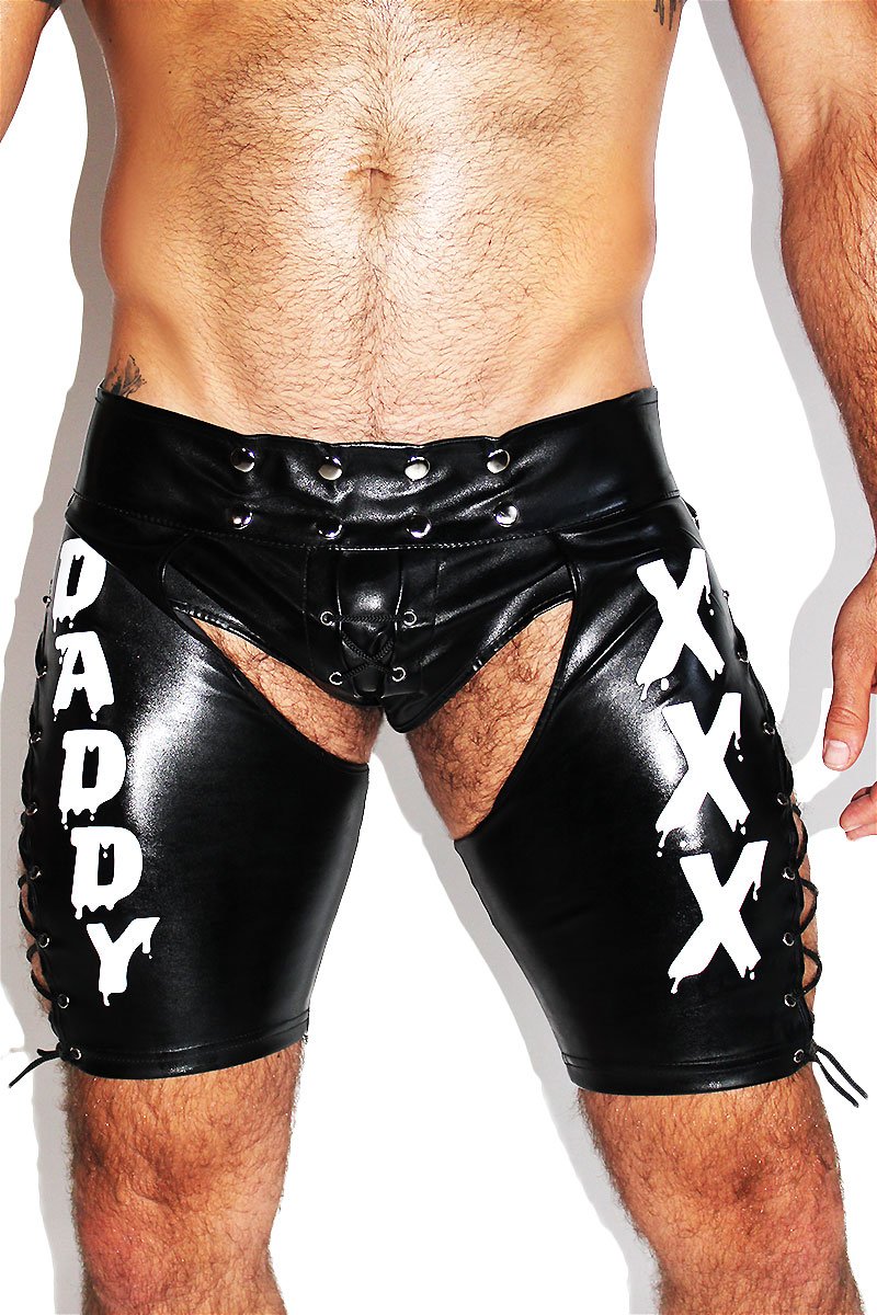 Leather Daddy Lace up Chap Trunks- Black