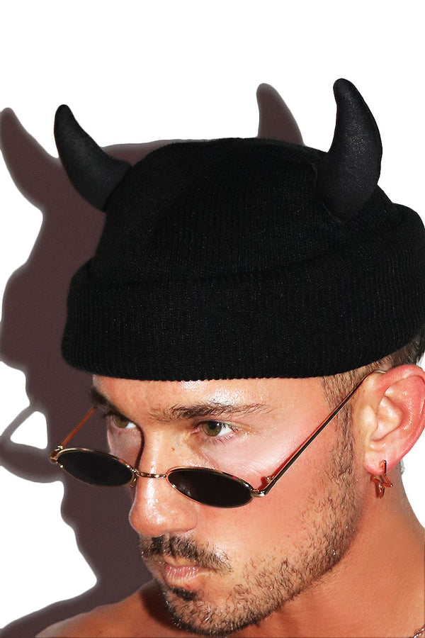 Devil Horns Skull Cap Beanie in Black, view 2