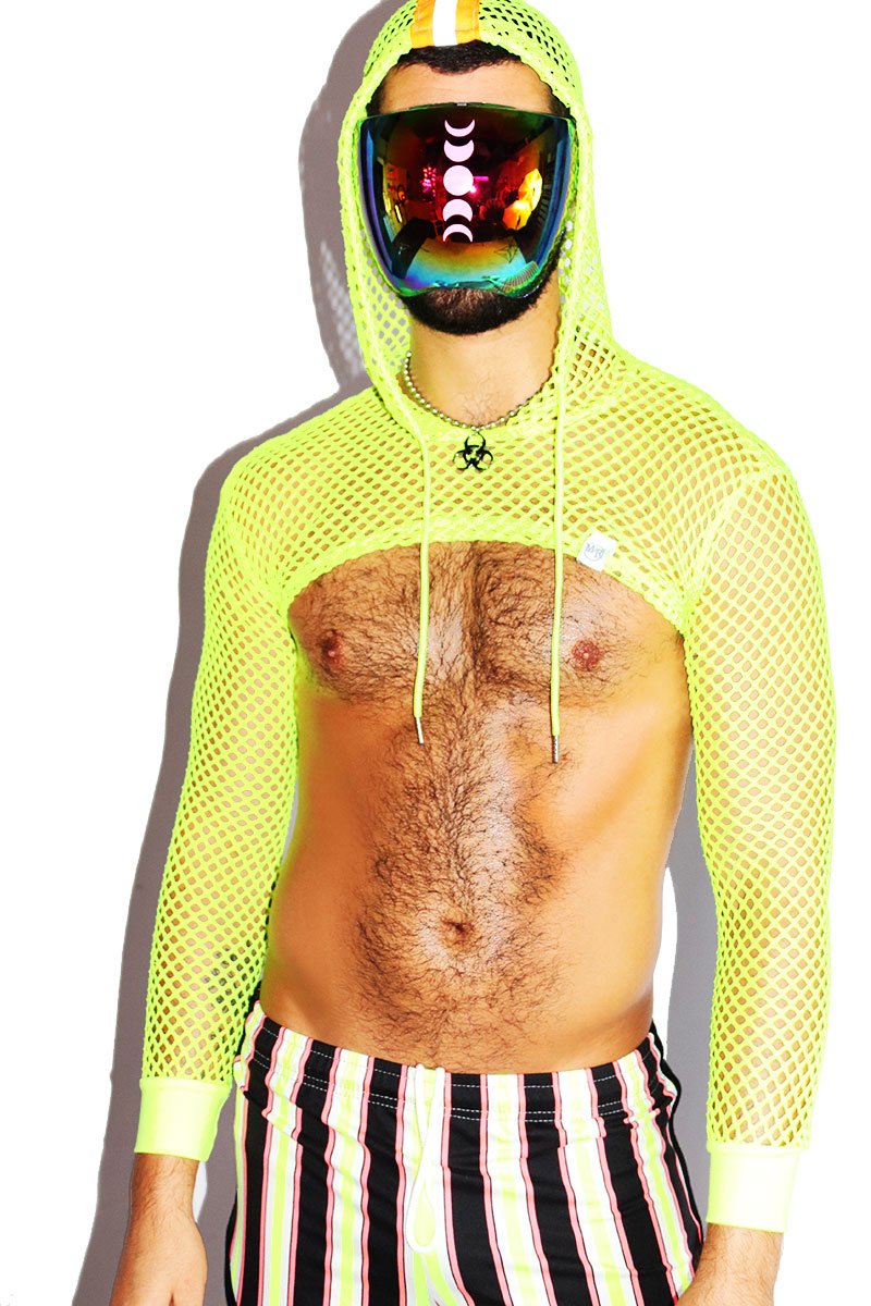 Caution Mesh Crop Hoodie-Neon Yellow