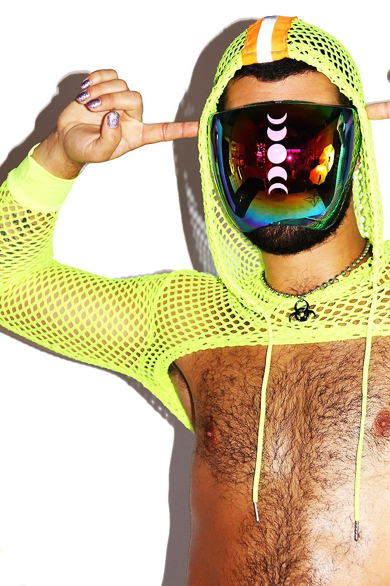 Caution Mesh Crop Hoodie-Neon Yellow