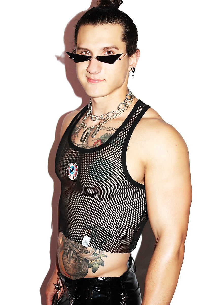 Eyeball Mesh Crop Racerback Tank- Black