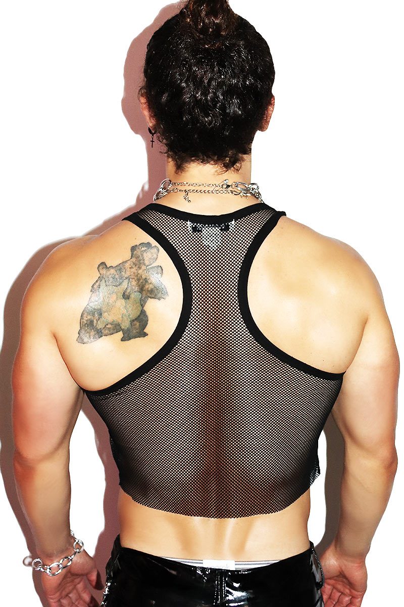 Eyeball Mesh Crop Racerback Tank- Black