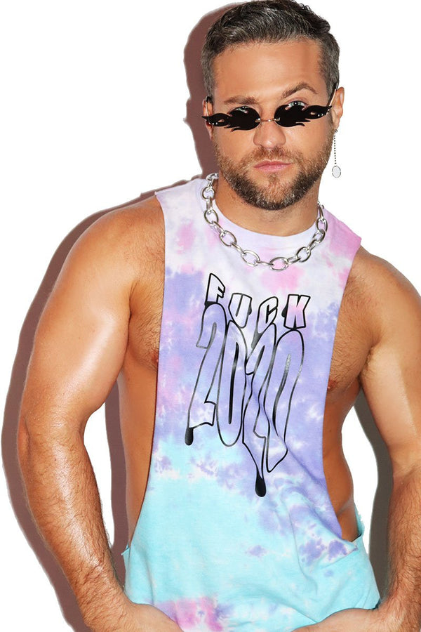 Fuck 2020 Tye Dye Low Arm Shedder Tank in Multi, view 2