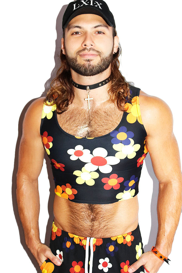 Fall Florals All Over Print Fitted Crop Tank in Black, view 2