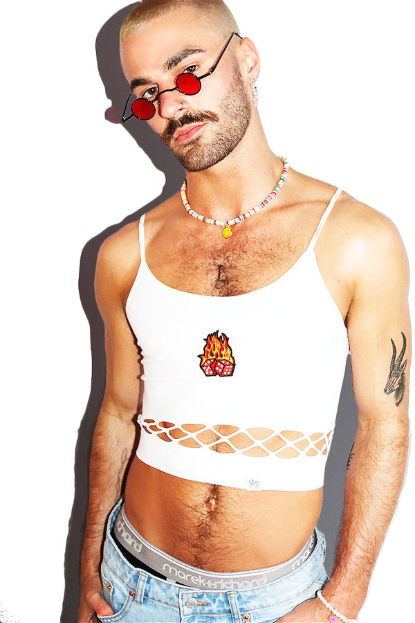 Flaming Dice Strap Cutout Crop Tank in White