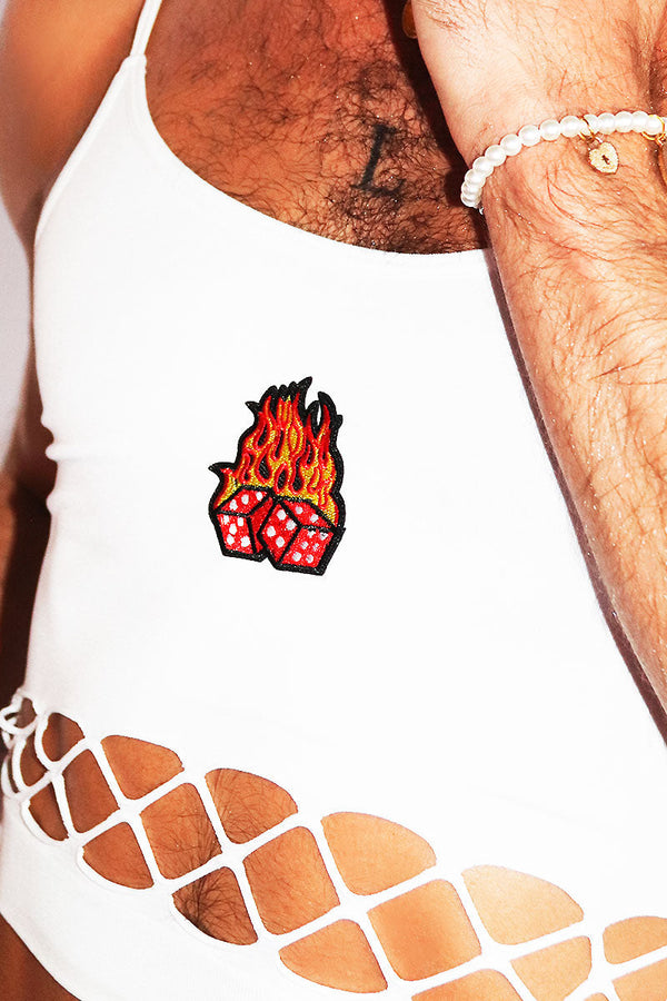 Flaming Dice Strap Cutout Crop Tank in White, view 2