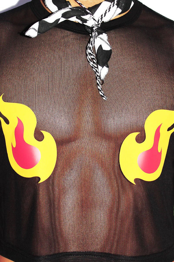 Flames Mesh Crop Tank in Black, view 2