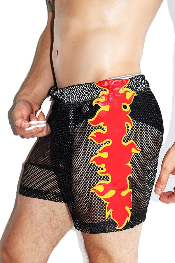 Flamin' Hot Mesh Athletic Shorts in Black
