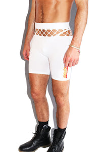 Flames Strap Cutout Biker Shorts- White