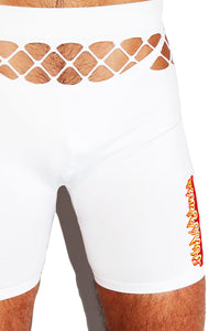 Flames Strap Cutout Biker Shorts- White