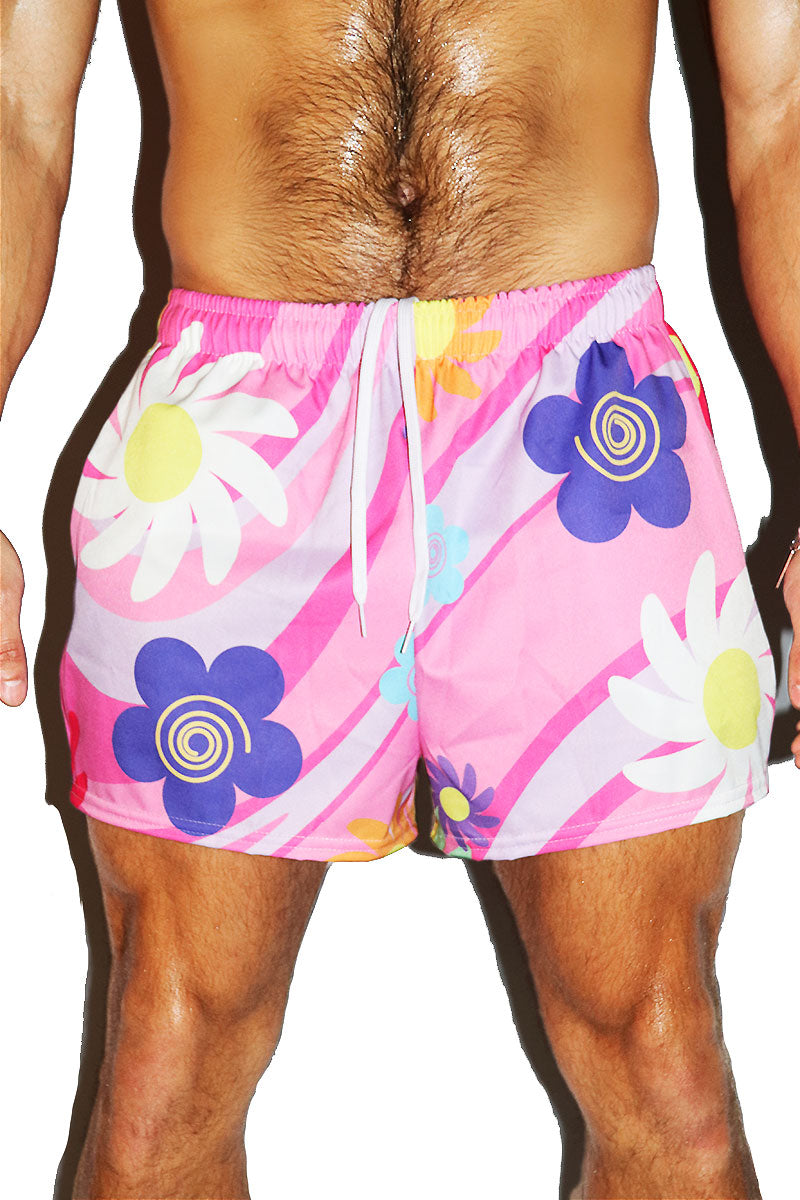 Flower Power All Over Print Active Shorts- Pink