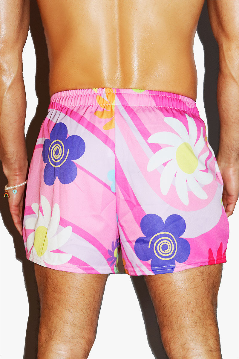 Flower Power All Over Print Active Shorts- Pink