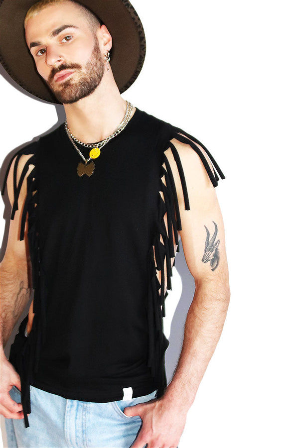 Rocker Vibes Fringe Low Arm Tank in Black, view 2