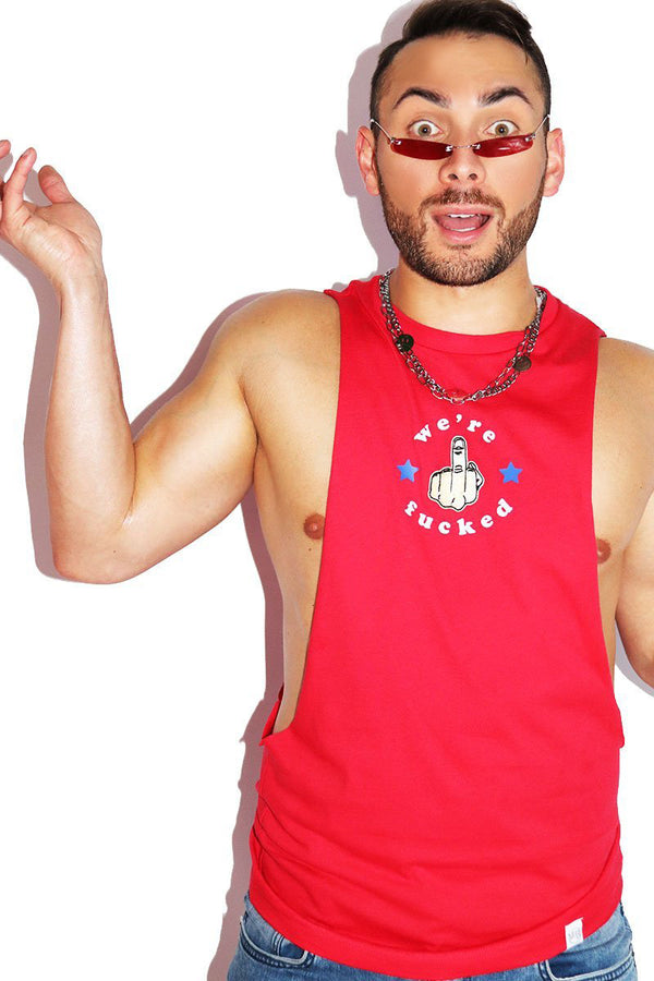 We're Fucked Low Arm Shedder Tank in Red