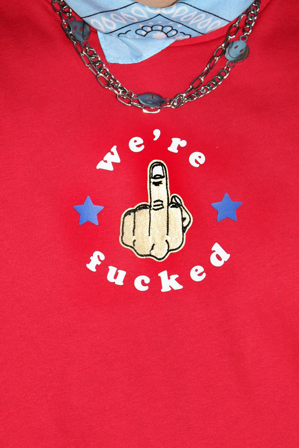 We're Fucked Low Arm Shedder Tank in Red, view 2