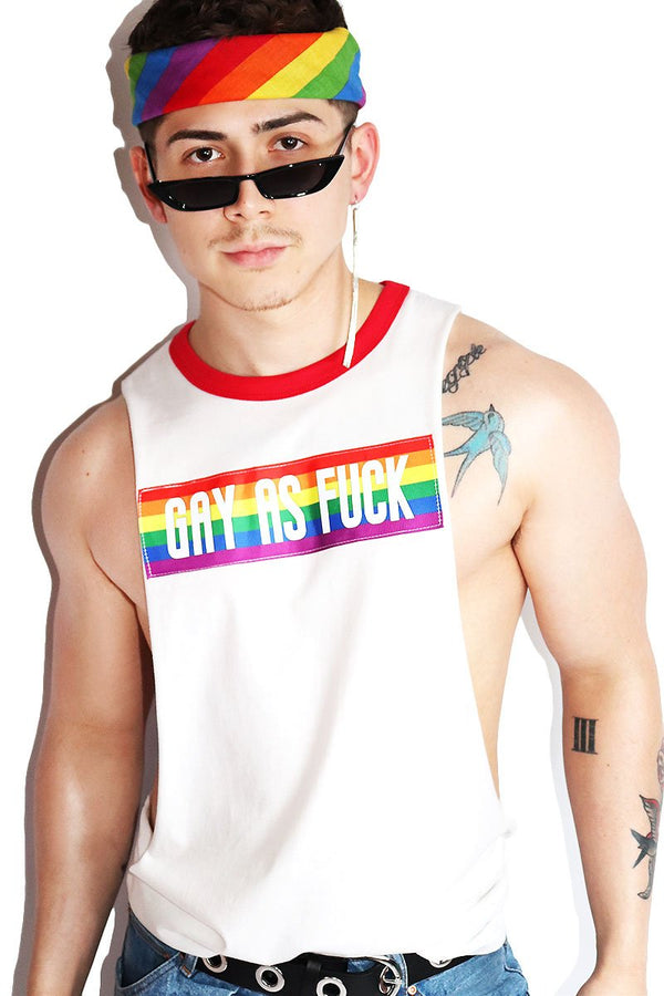 Gay AF Ringer Low Arm Shredder in White