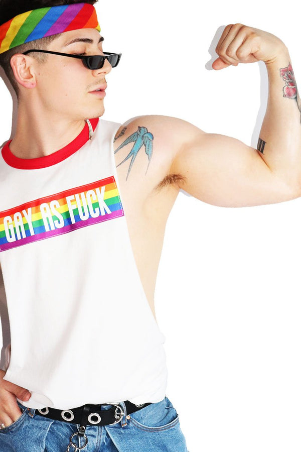 Gay AF Ringer Low Arm Shredder in White, view 2