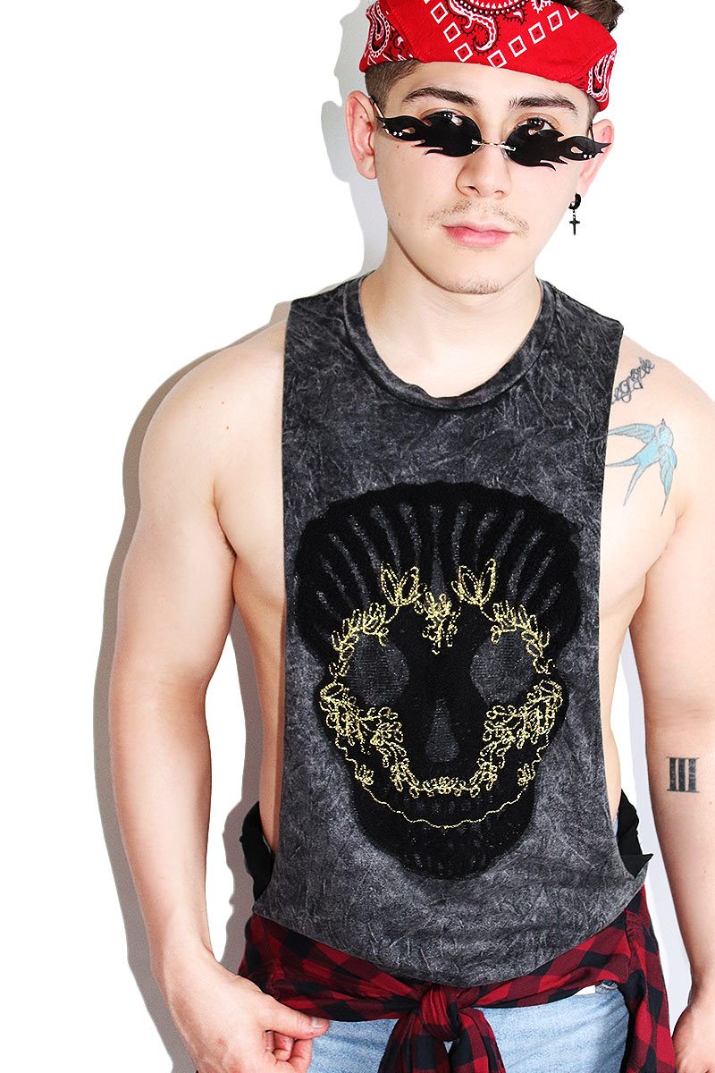 Gilded Skull Embroidered Low Arm Tank-Acid Grey