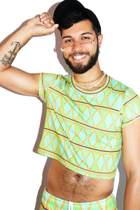 Mosaic All Over Print Fitted Crop Tee- Green