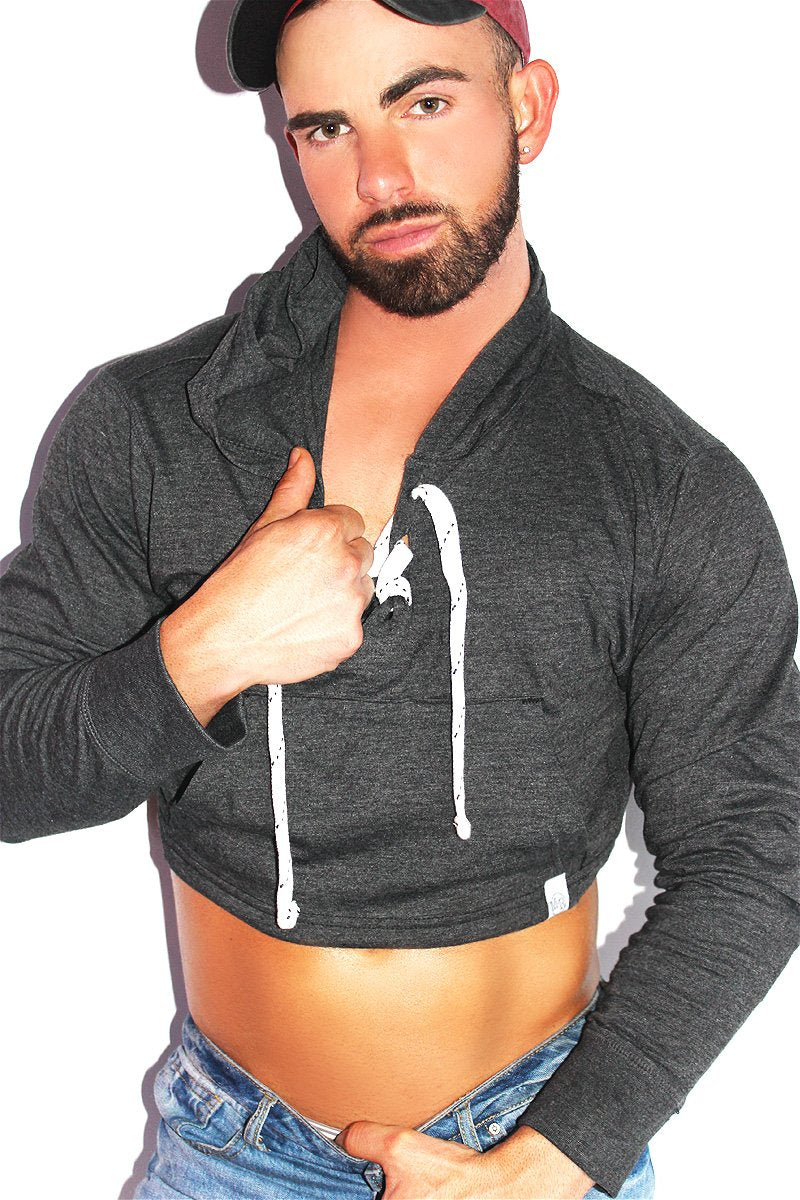 Strings Attached Crop Long Sleeve Hoodie- Dark Charcoal