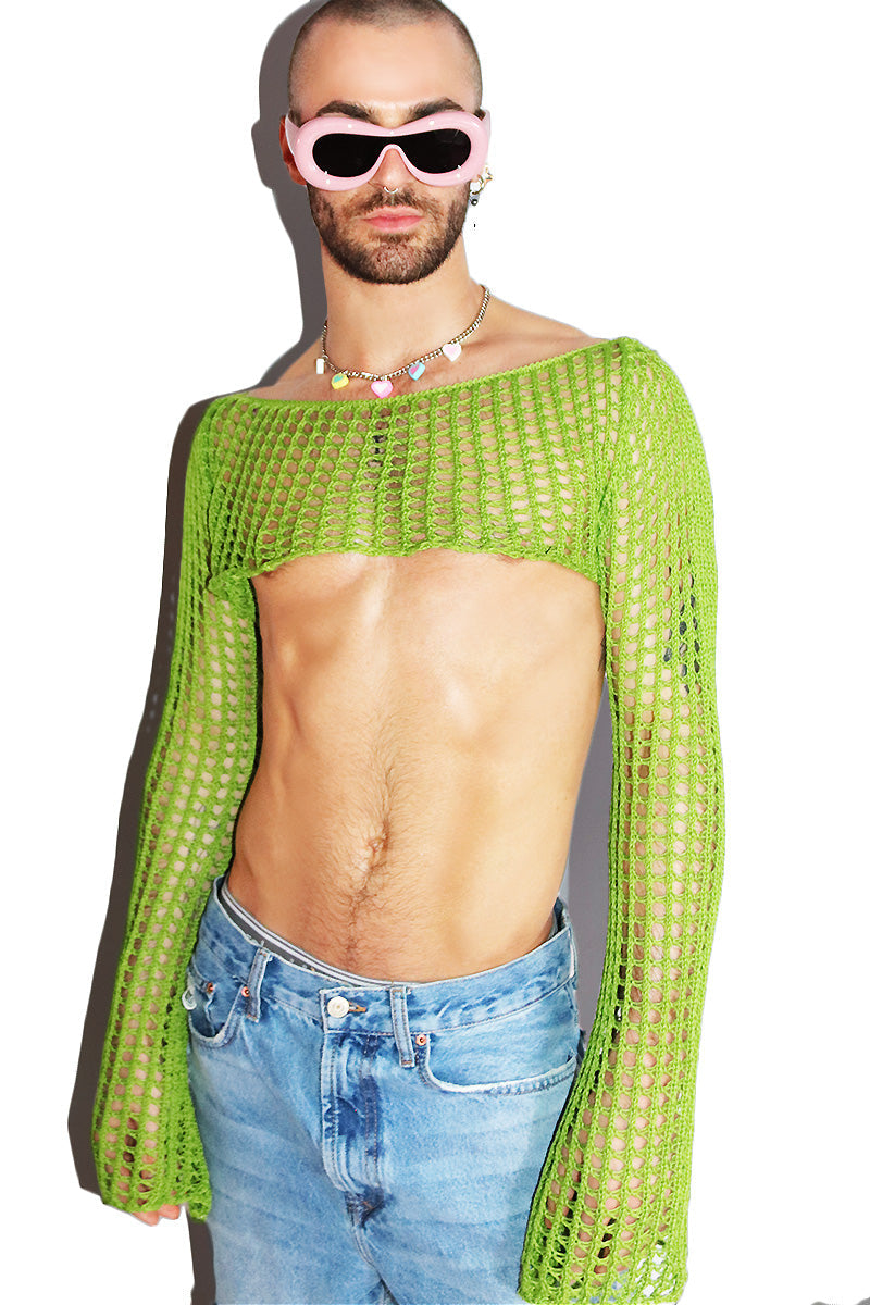 Y2K Crochet Flare Long Sleeve Extreme Crop Tee - Green