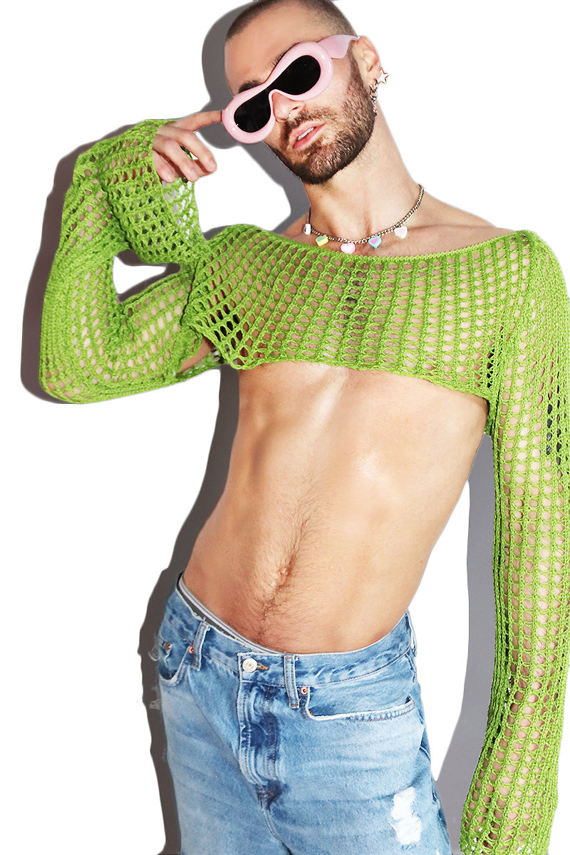 Y2K Crochet Flare Long Sleeve Extreme Crop Tee - Green