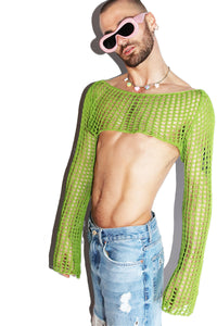 Y2K Crochet Flare Long Sleeve Extreme Crop Tee - Green