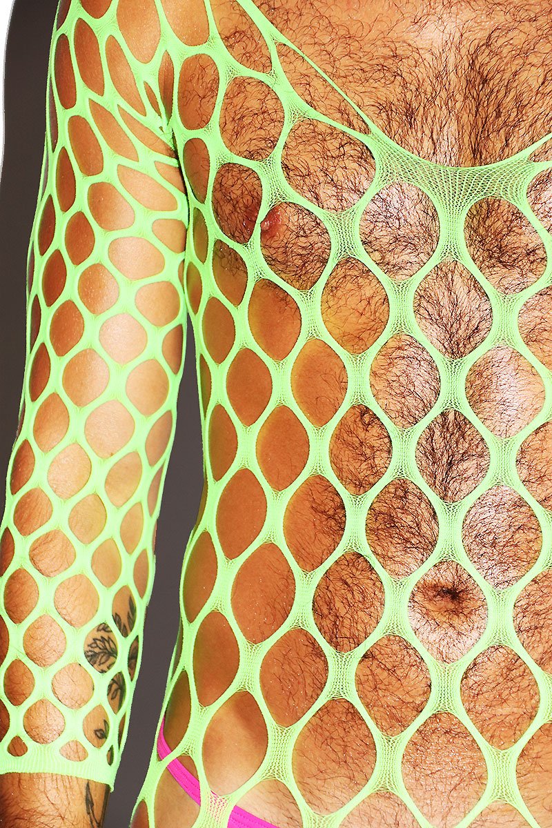 Wide Fishnet Bodysuit Tights- Neon Green