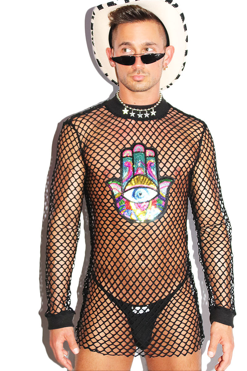 Hamsa Long Sleeve Mesh Tee-Black