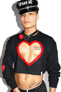 Heart Cutout Crop Long Sleeve Sweatshirt-Black