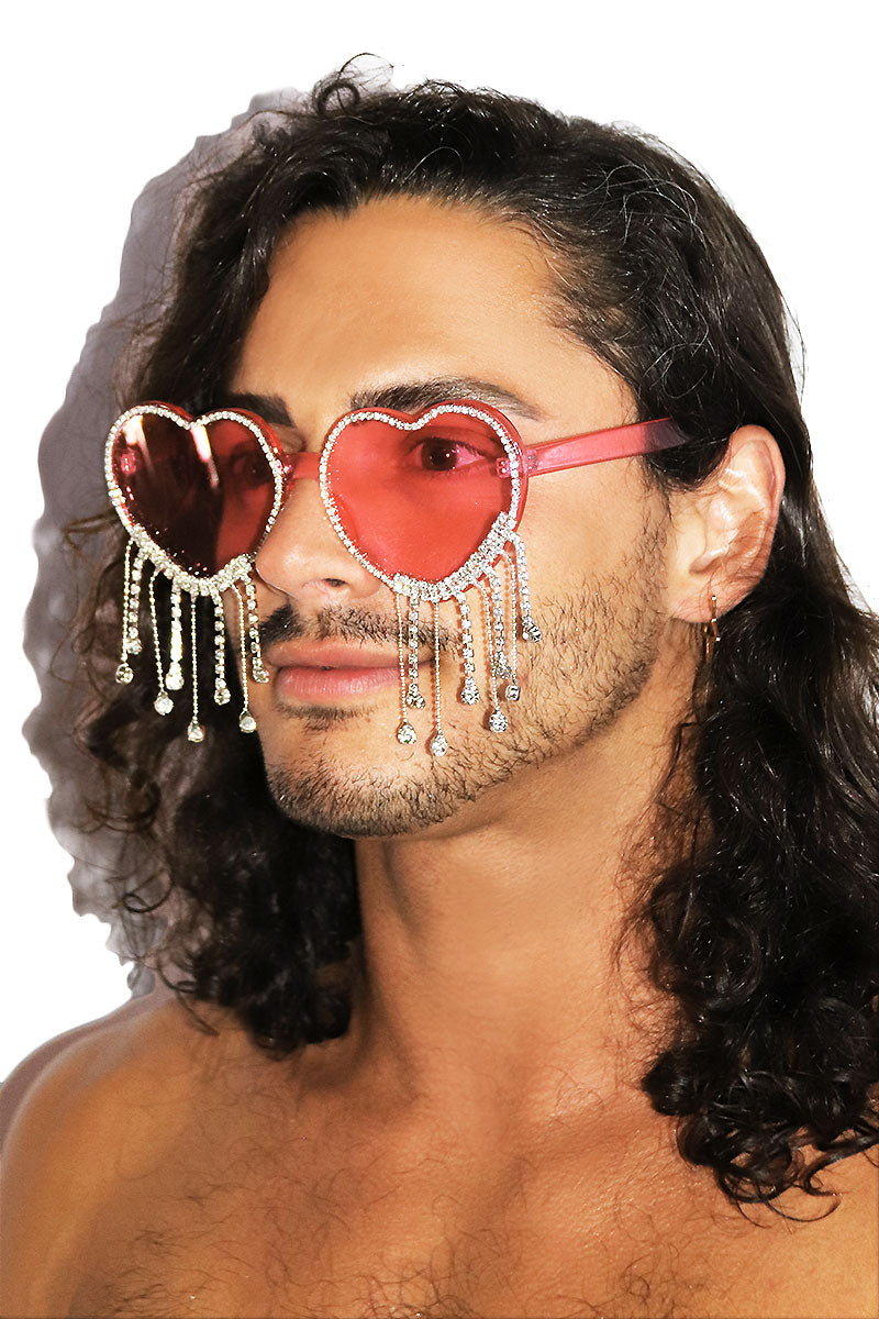 Heart Rhinestone Fringe Sunglasses- Pink