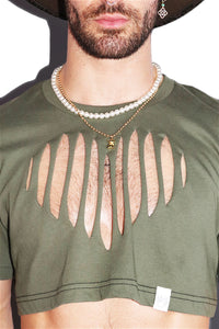 Torn Heart Cutout Extreme Crop Tee- Army Green