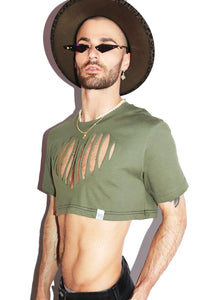 Torn Heart Cutout Extreme Crop Tee- Army Green