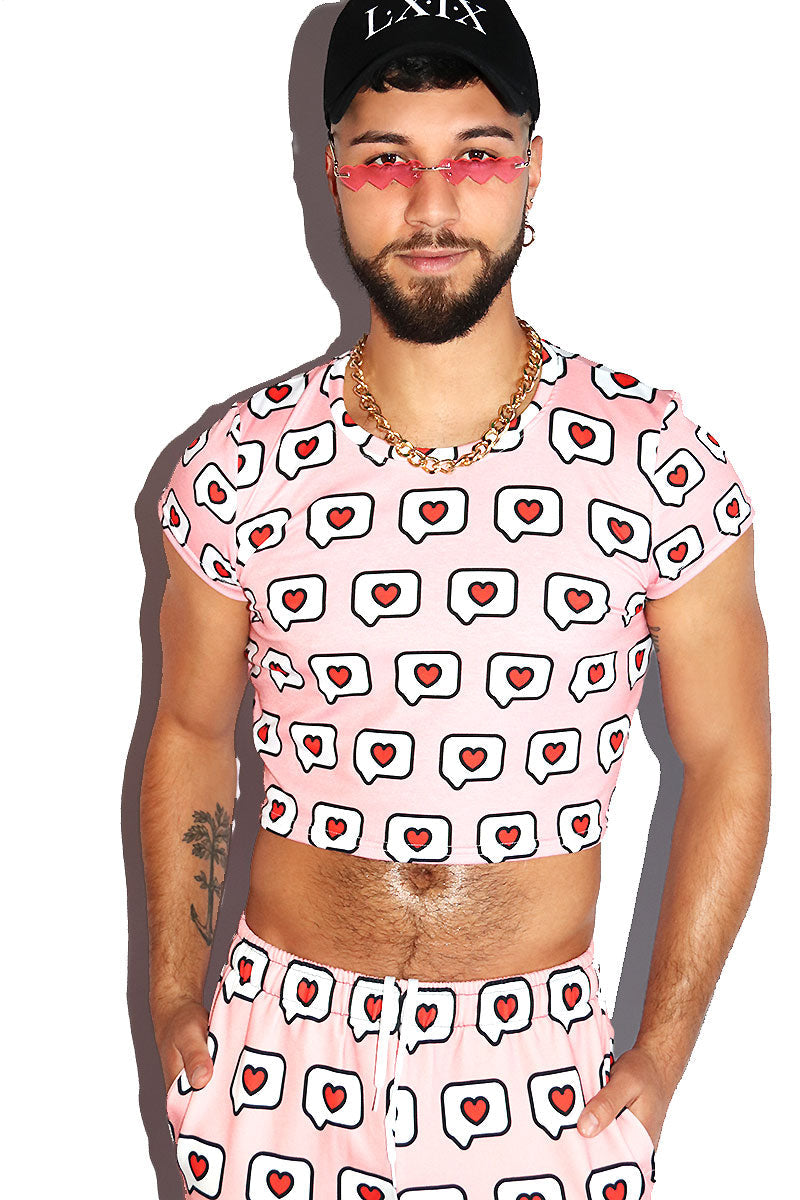 Conversation Hearts All Over Print Fitted Crop Tee- Pink
