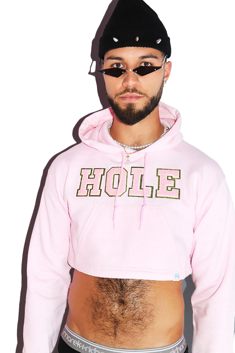 Hole Long Sleeve Crop Hoodie- Pink