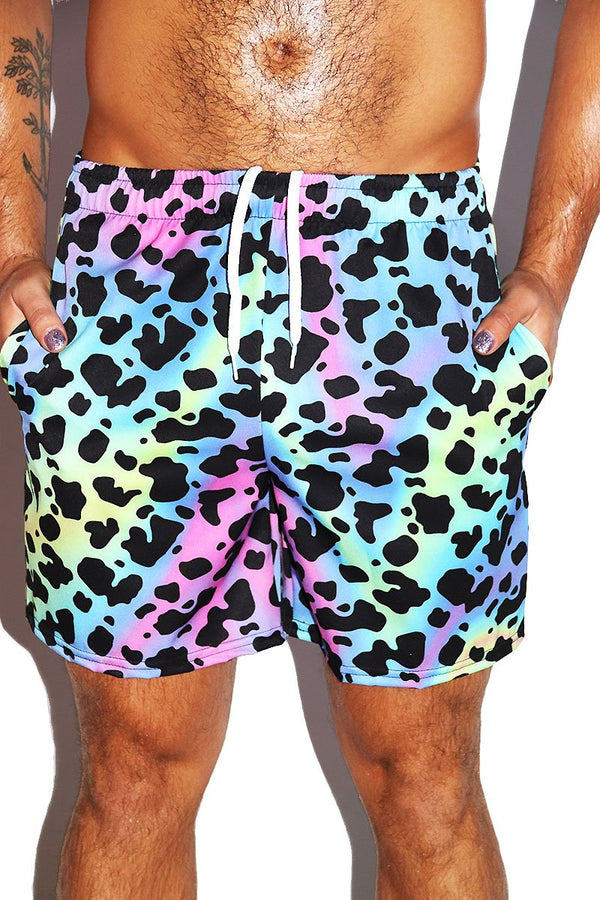 Tie Dye Cow Print Print Gym Shorts in Multi, view 2