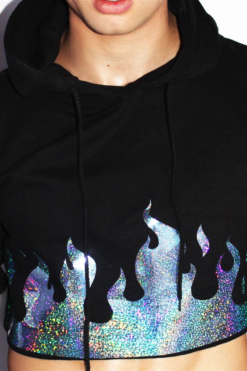 Holographic Flames Crop Long Sleeve Hoodie-Black