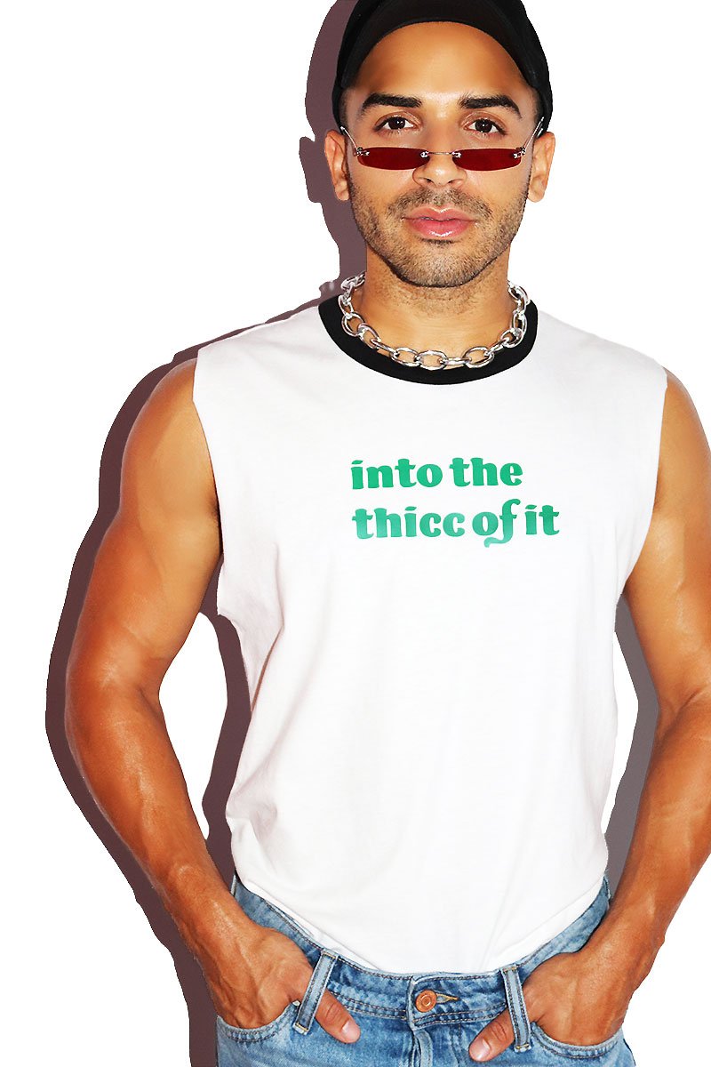 Into the Thicc Sleeveless Ringer Tee-White