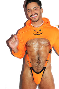 Pumpkin Harness Hoodie Strap Thong Bodysuit- Orange