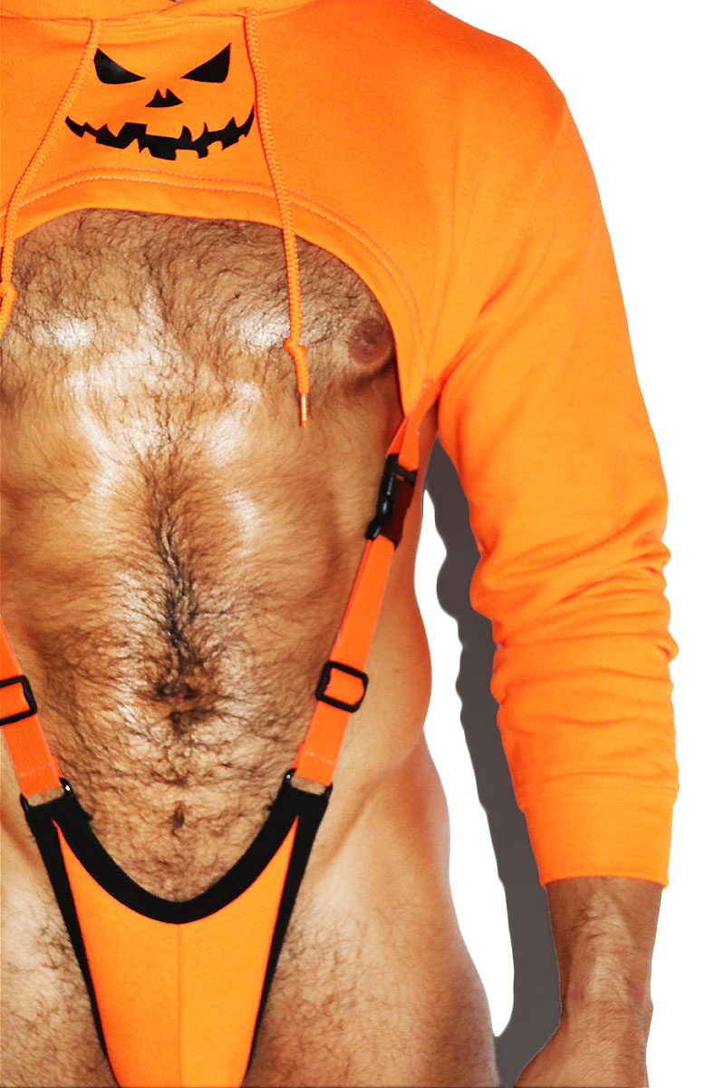 Pumpkin Harness Hoodie Strap Thong Bodysuit- Orange